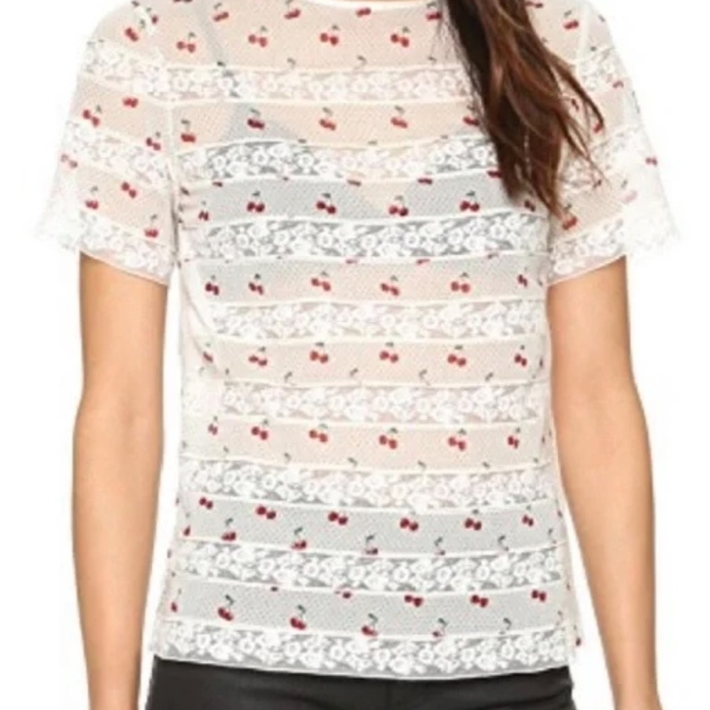 Marc Jacobs Womens Polka Dot Cherry Print Lace Blouse, Cherry Victorian Top
